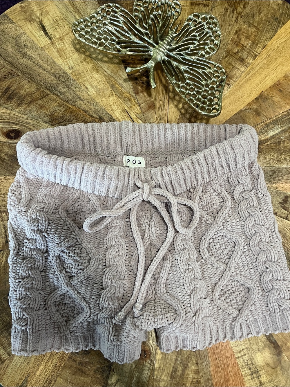 POL Cable-Knit Soft Lounge Shorts in Taupe